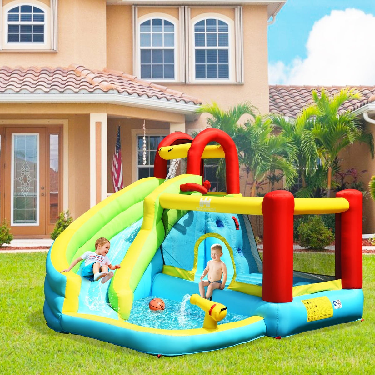 6-in-1 Inflatable Bounce House with Climbing Wall and Basketball Hoop without Blower view 3