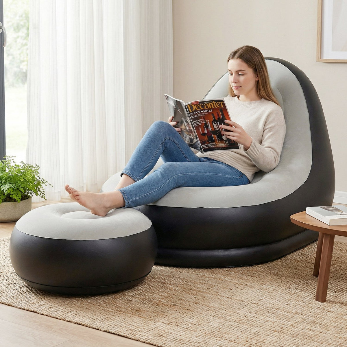 Inflatable Lounge Sofa with Ottoman Portable Air Sofa for Adults with Flocked Surface-Grey view 2