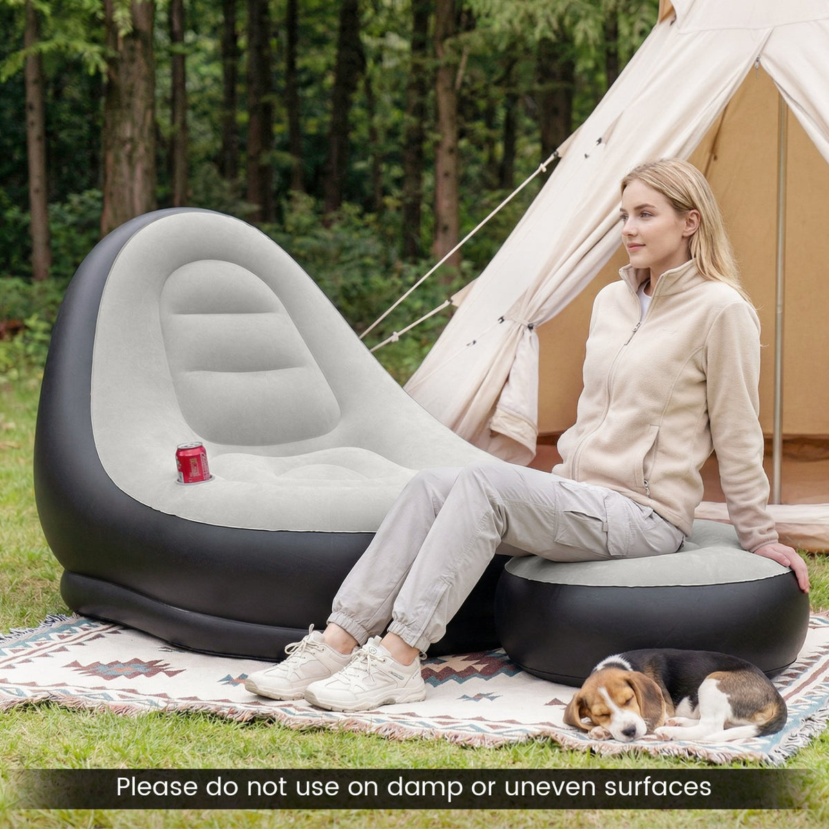 Inflatable Lounge Sofa with Ottoman Portable Air Sofa for Adults with Flocked Surface-Grey view 6