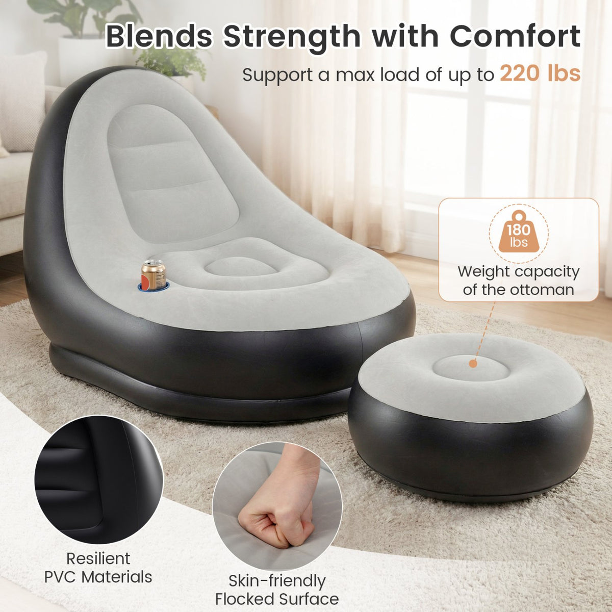 Inflatable Lounge Sofa with Ottoman Portable Air Sofa for Adults with Flocked Surface-Grey view 7