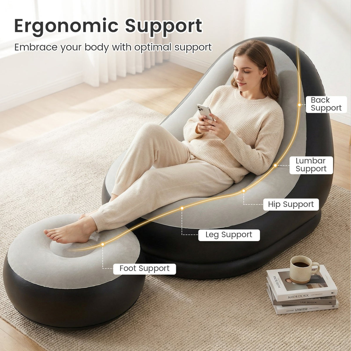Inflatable Lounge Sofa with Ottoman Portable Air Sofa for Adults with Flocked Surface-Grey view 8