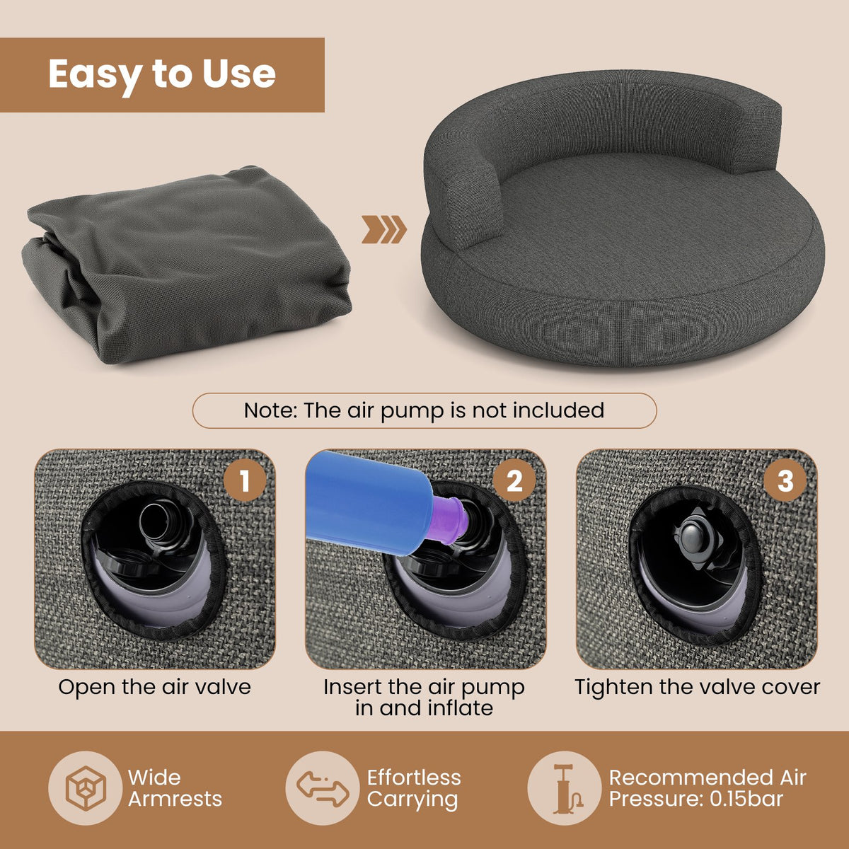 Inflatable Lounger Air Sofa with Detachable Cover-Gray view 8