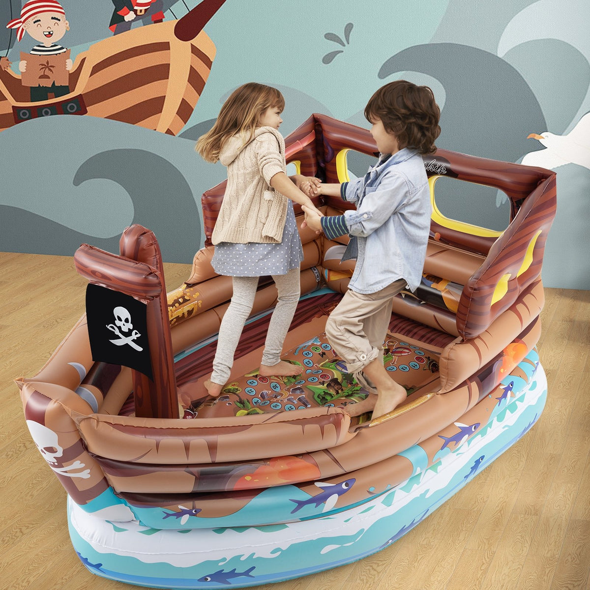 Inflatable Pirate Ship Playhouse with Built-in Motor and Inflatable Toy Sword-Brown view 2