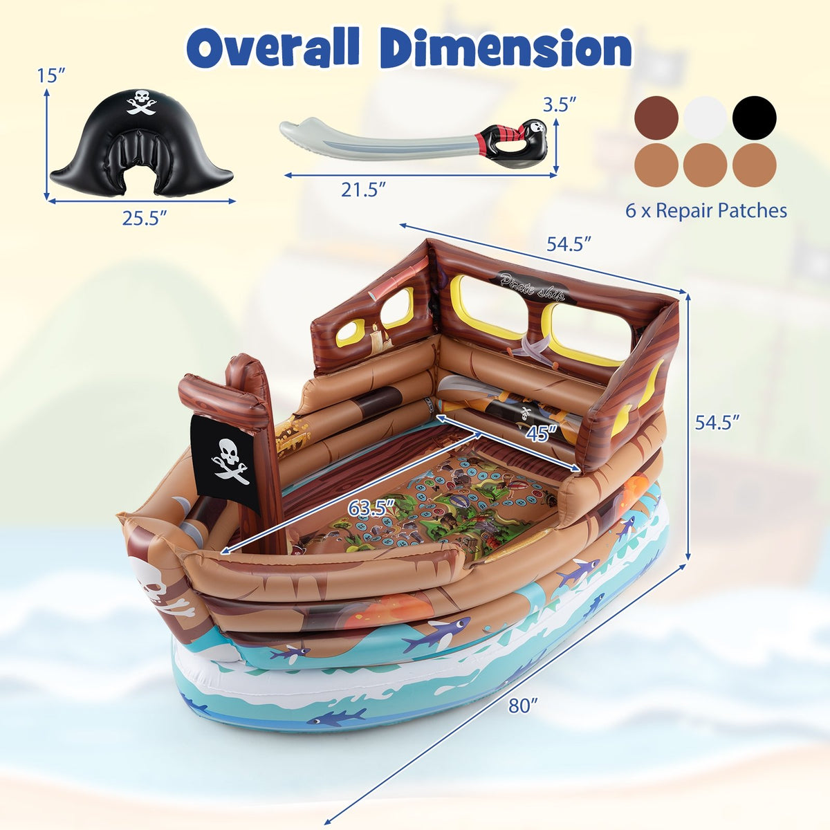 Inflatable Pirate Ship Playhouse with Built-in Motor and Inflatable Toy Sword-Brown view 4
