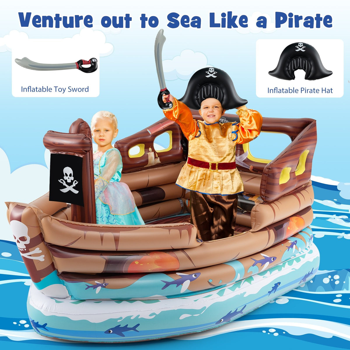 Inflatable Pirate Ship Playhouse with Built-in Motor and Inflatable Toy Sword-Brown view 5