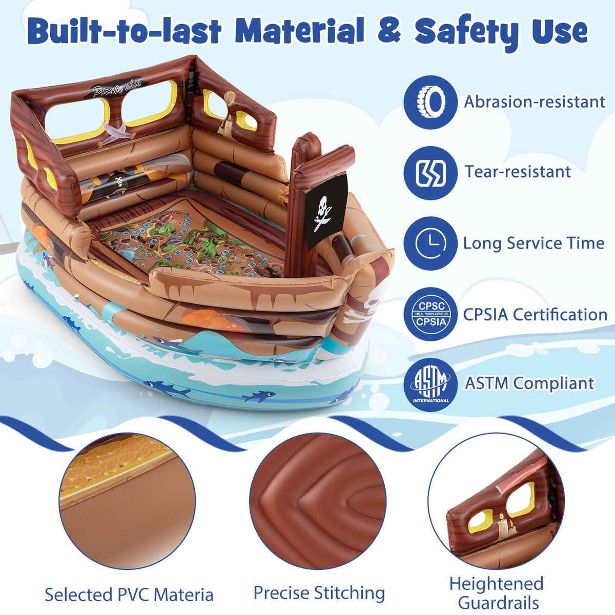 Inflatable Pirate Ship Playhouse with Built-in Motor and Inflatable Toy Sword-Brown view 8