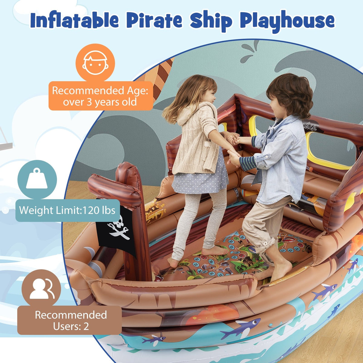 Inflatable Pirate Ship Playhouse with Built-in Motor and Inflatable Toy Sword-Brown view 9