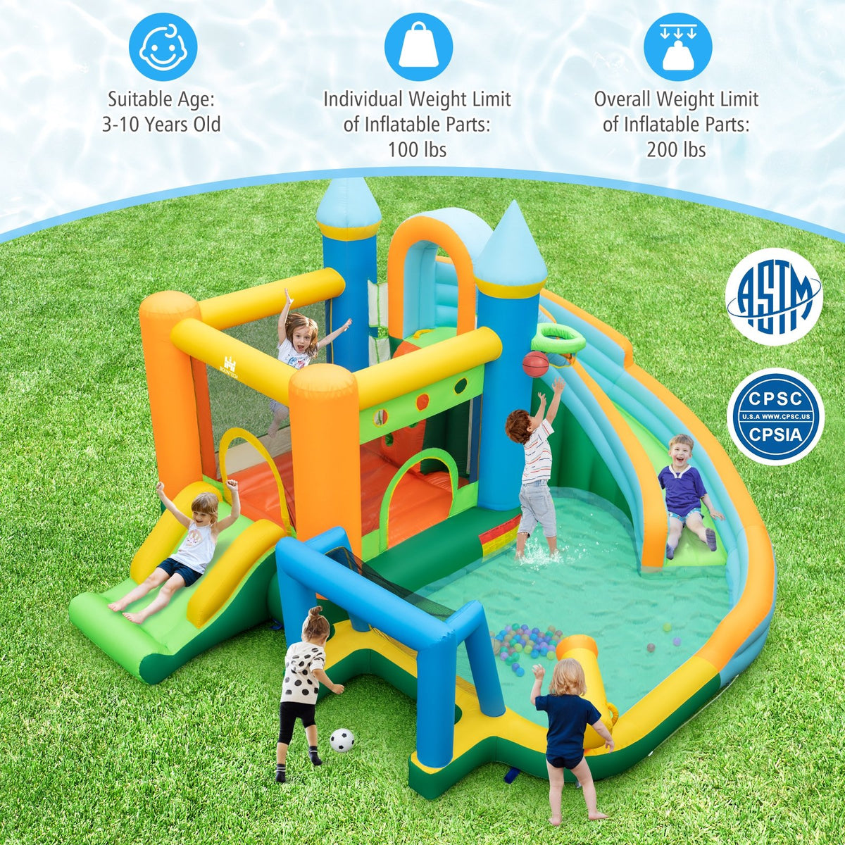 Inflatable Water Slide Blowup Bounce House with Dual Slides and Splash Pool (Without Blower) view 5