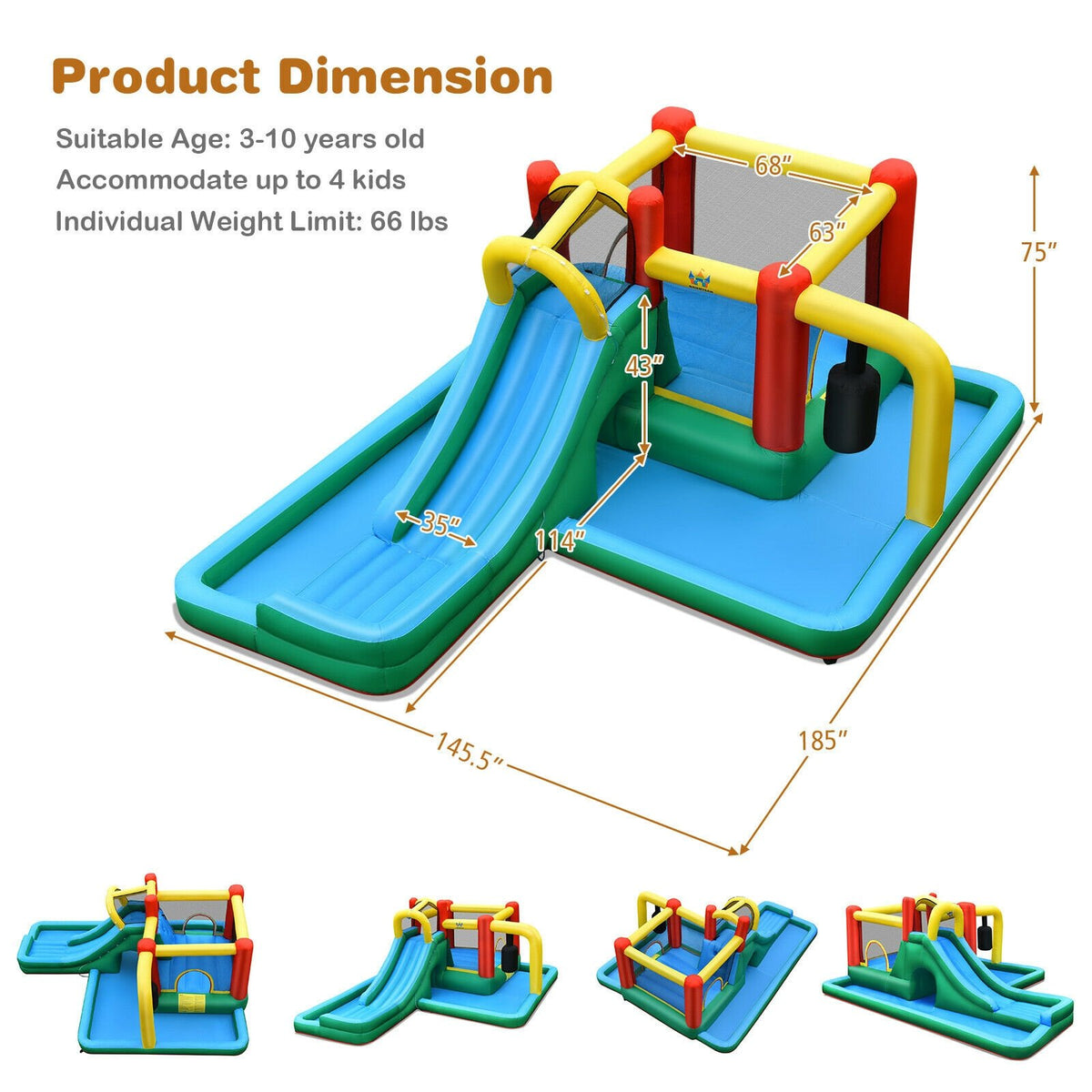 Inflatable Water Slide Climbing Bounce House with Tunnel and 735W Blower view 3