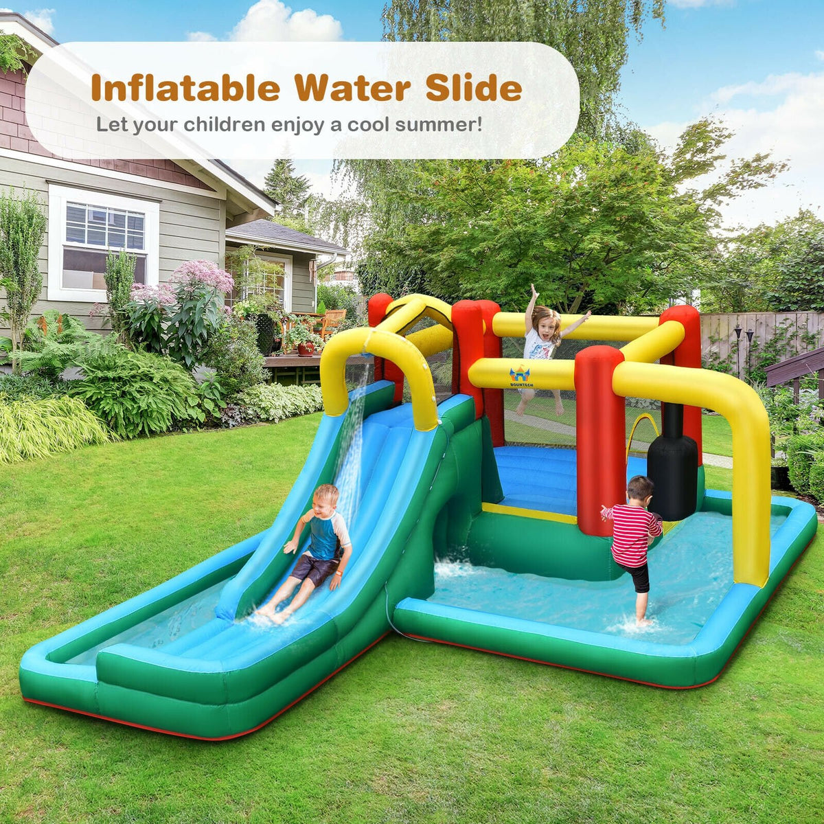 Inflatable Water Slide Climbing Bounce House with Tunnel and 735W Blower view 7