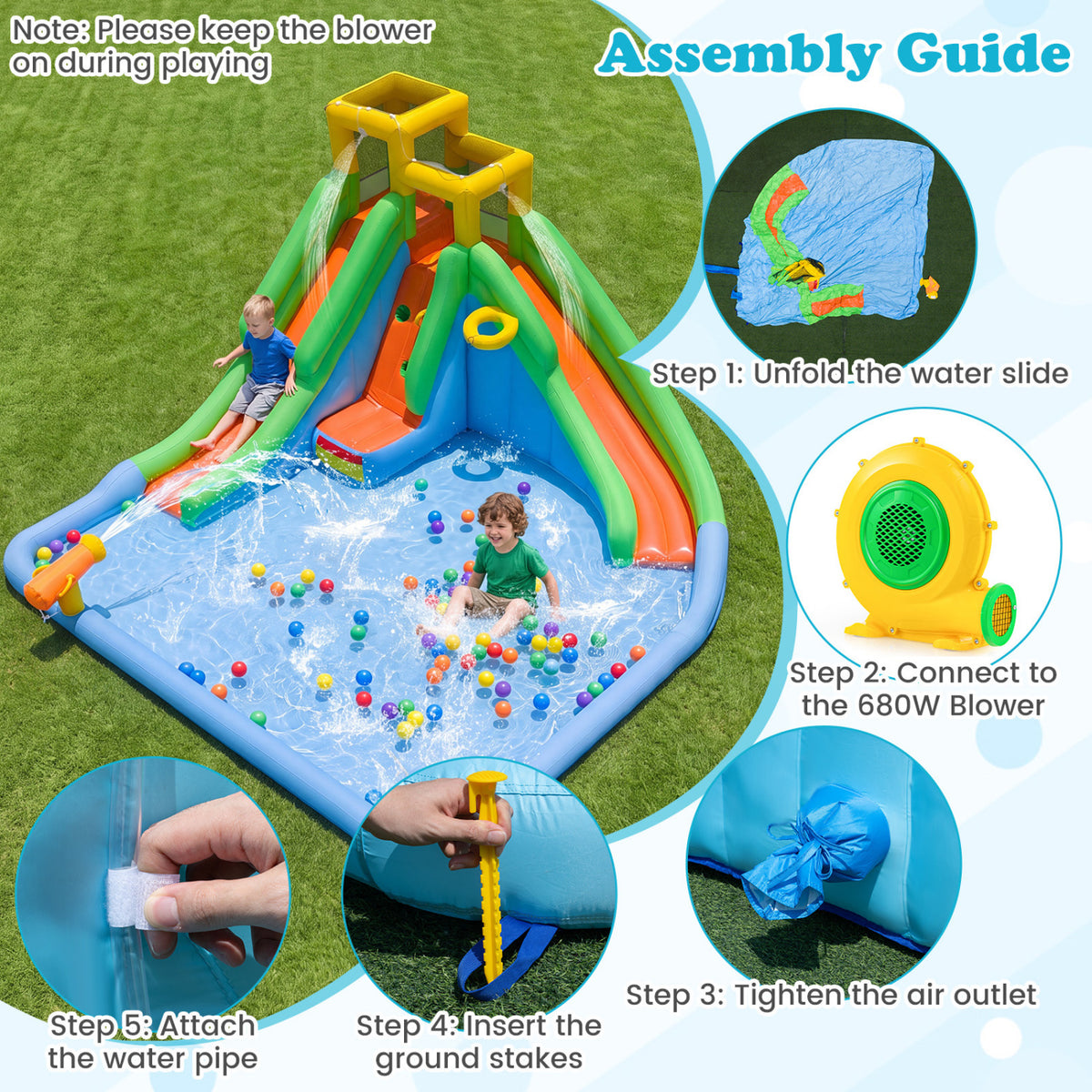 Inflatable Water Slide for Kids with Double Slides and 680W Blower view 8