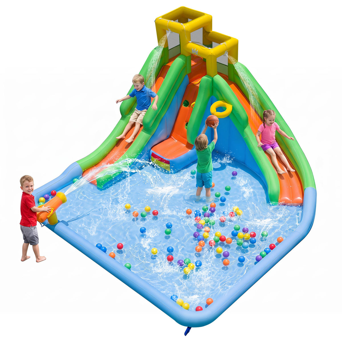 Inflatable Water Slide for Kids with Double Slides with Splash Pool Water Cannon and Basketball Hoop for Backyard Fun view 4