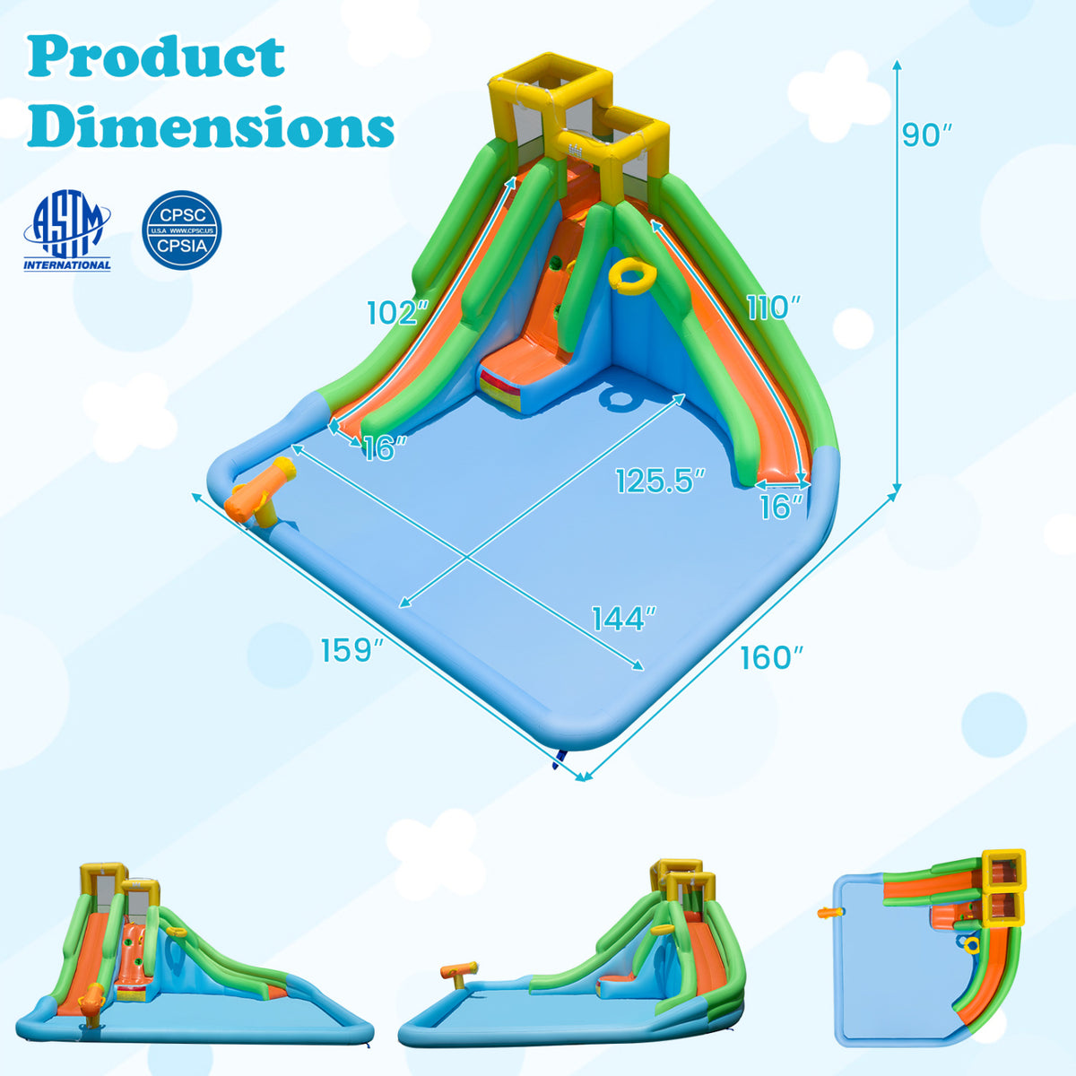 Inflatable Water Slide for Kids with Double Slides with Splash Pool Water Cannon and Basketball Hoop for Backyard Fun view 5