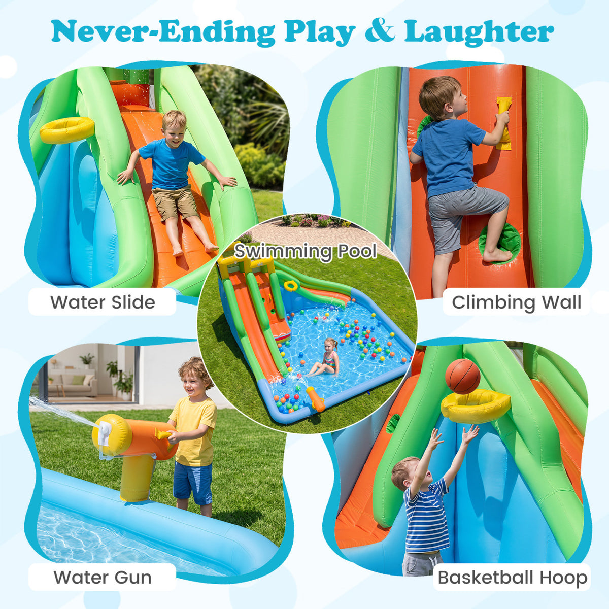 Inflatable Water Slide for Kids with Double Slides with Splash Pool Water Cannon and Basketball Hoop for Backyard Fun view 6