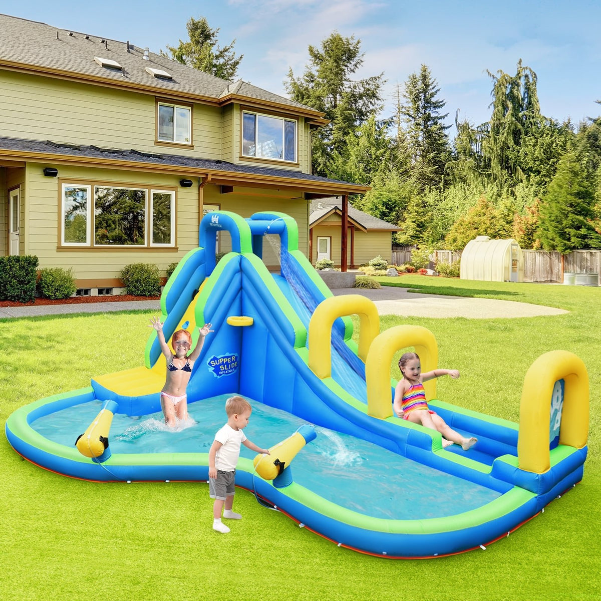 Inflatable Water Slide Kids Bounce House with Water Cannons and Hose Without Blower view 2