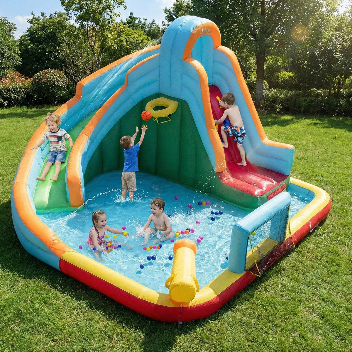 Inflatable Water Slide Park 6-in-1 Giant Bounce House with Long Slide Splash Pool Climbing Wall view 2