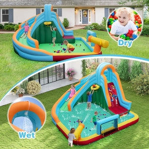 Inflatable Water Slide Park 6-in-1 Giant Bounce House with Long Slide Splash Pool Climbing Wall view 5