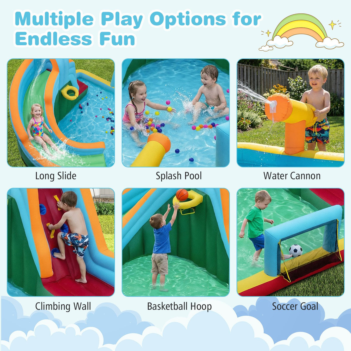 Inflatable Water Slide Park 6-in-1 Giant Bounce House with Long Slide Splash Pool Climbing Wall view 7