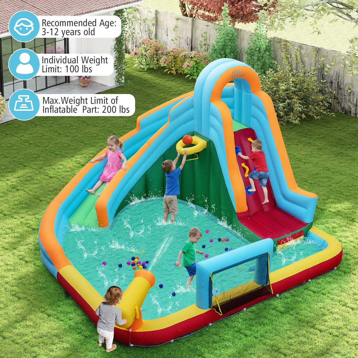 Inflatable Water Slide Park 6-in-1 Giant Bounce House with Long Slide Splash Pool Climbing Wall view 8