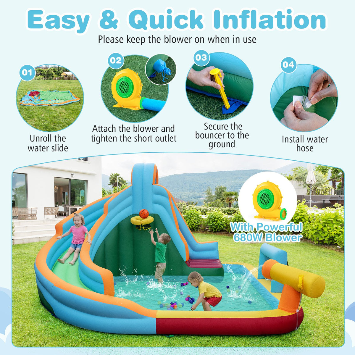 Inflatable Water Slide Park 6-in-1 Giant Bounce House with Long Slide Splash Pool Climbing Wall view 9