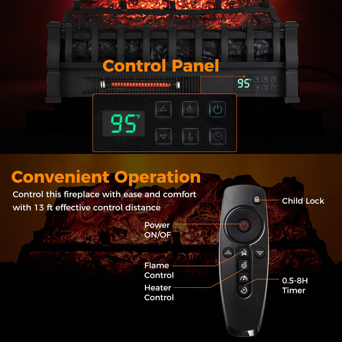 Infrared Quartz Electric Fireplace with Adjustable 3D Flame Colors and Overheat Protection-Black view 7