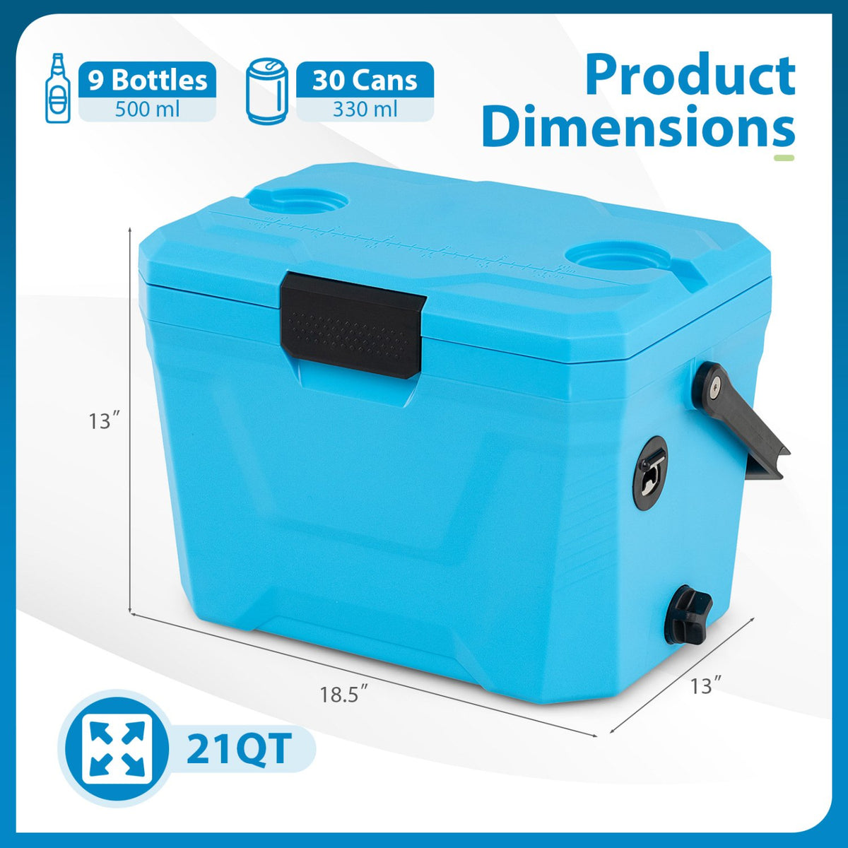 Insulated Portable Cooler Hard Shell Ice Chest with 2 Cup Holders-Blue view 5