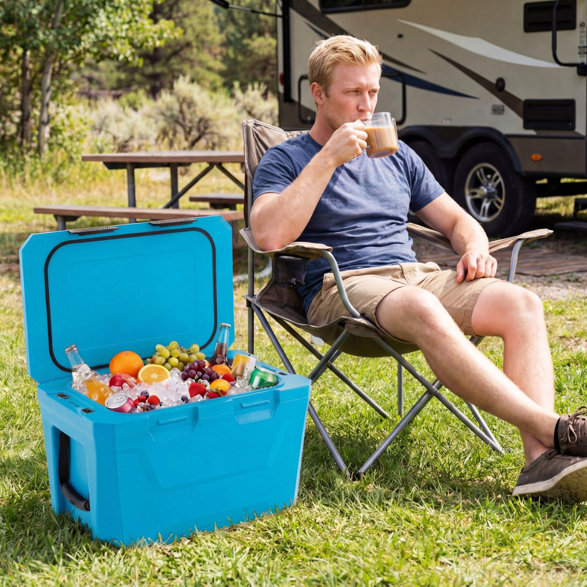 Insulated Portable Cooler Hard Shell Ice Chest with 2 Cup Holders Bottle Opener and Drain Plug-Blue view 3