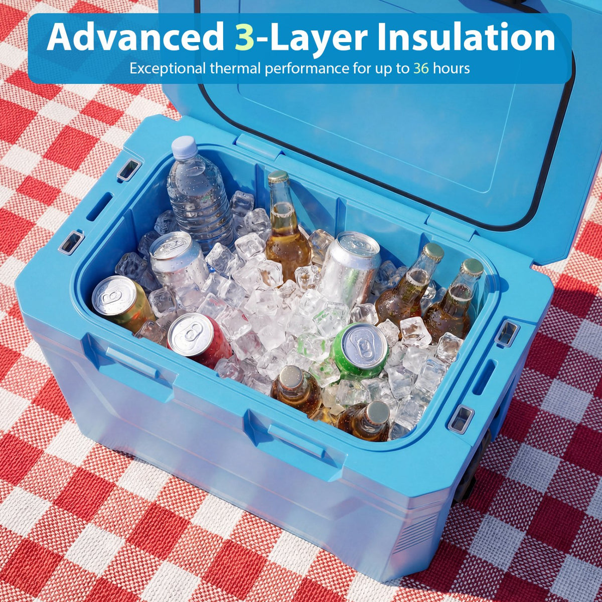 Insulated Portable Cooler Hard Shell Ice Chest with 2 Cup Holders Bottle Opener and Drain Plug-Blue view 6