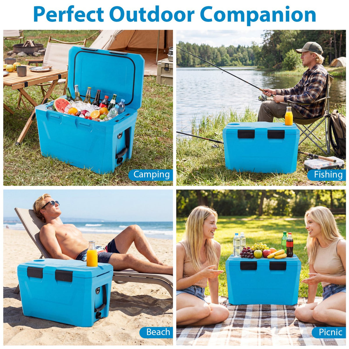 Insulated Portable Cooler Hard Shell Ice Chest with 2 Cup Holders Bottle Opener and Drain Plug-Blue view 9