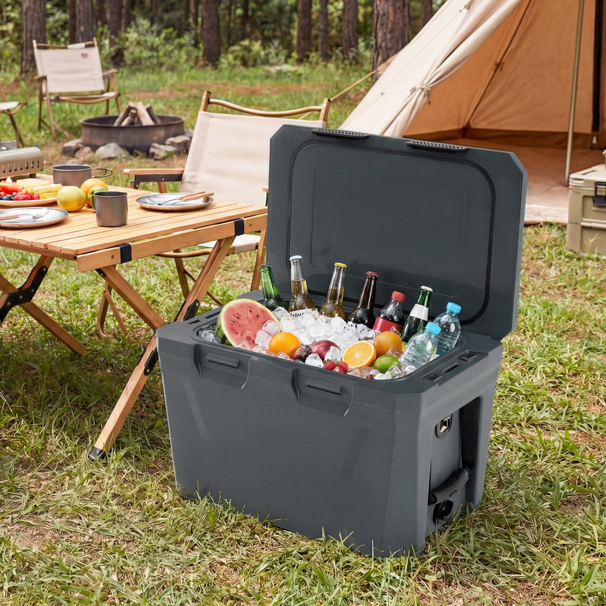 Insulated Portable Cooler Hard Shell Ice Chest with 2 Cup Holders Bottle Opener and Drain Plug-Gray view 2
