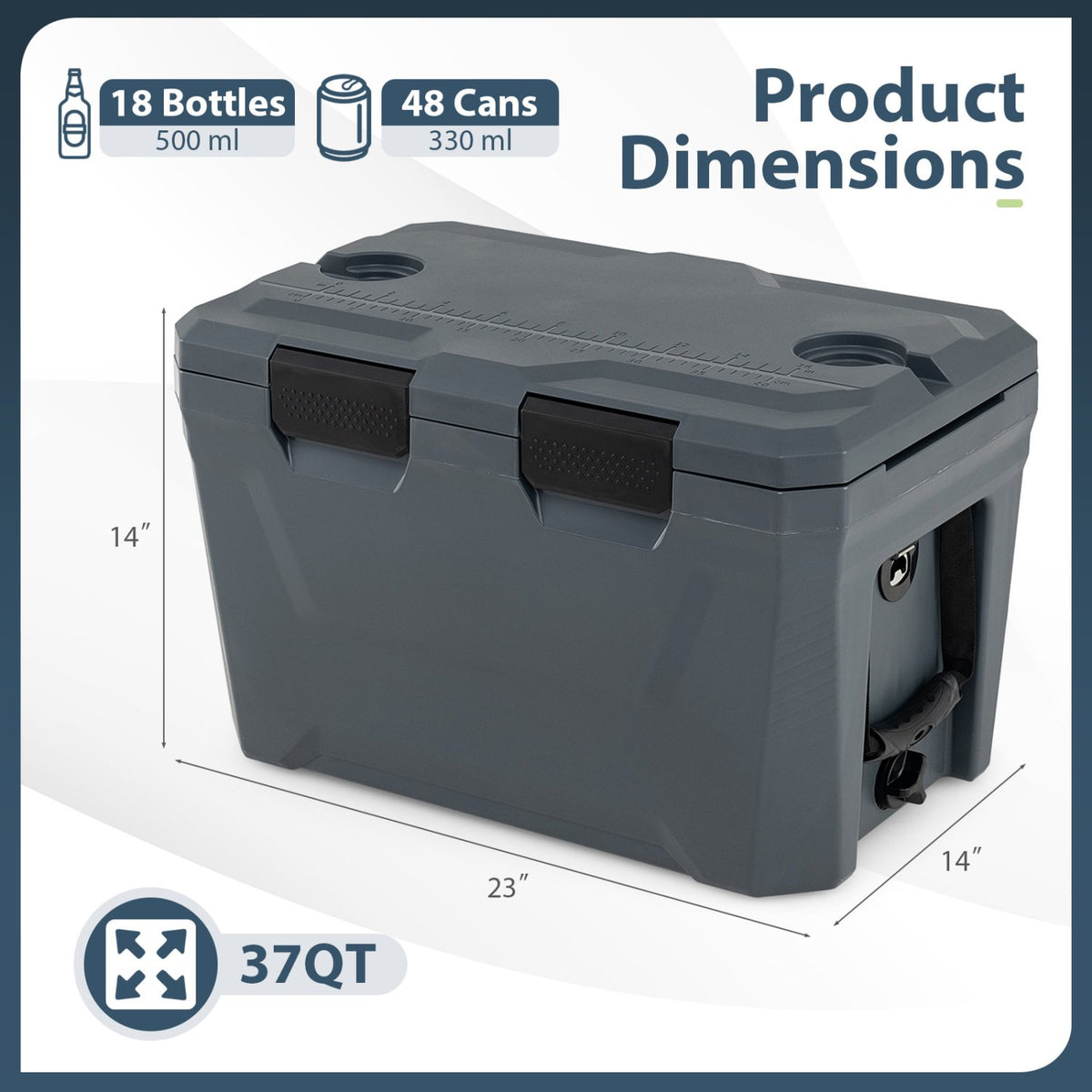 Insulated Portable Cooler Hard Shell Ice Chest with 2 Cup Holders Bottle Opener and Drain Plug-Gray view 5
