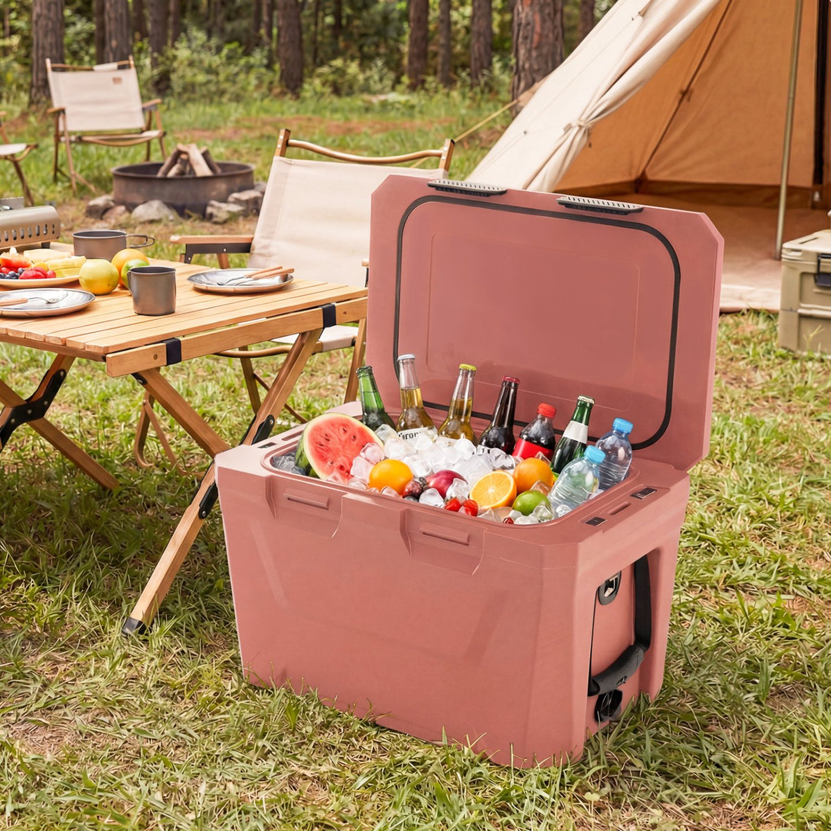Insulated Portable Cooler Hard Shell Ice Chest with 2 Cup Holders Bottle Opener and Drain Plug-Pink view 2