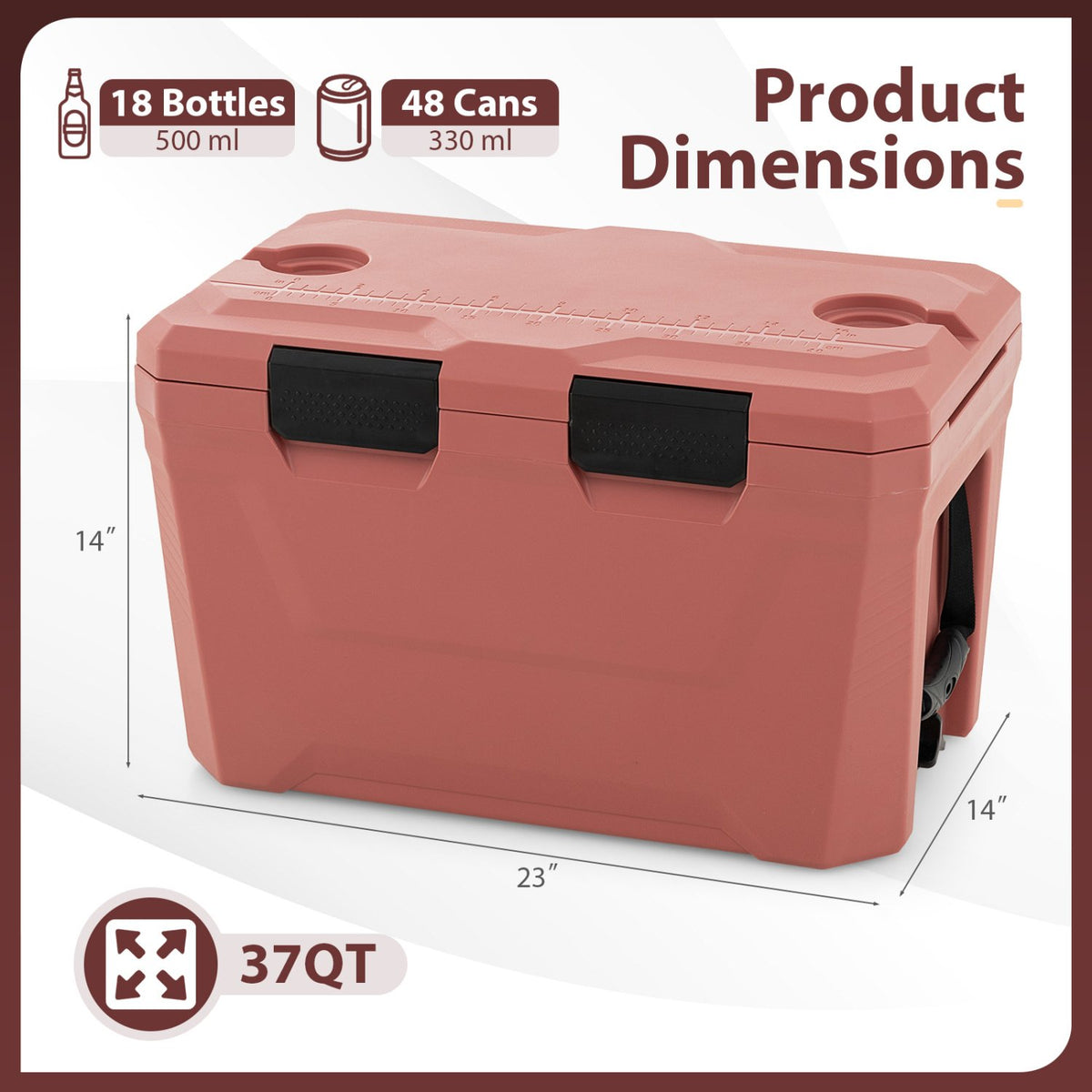 Insulated Portable Cooler Hard Shell Ice Chest with 2 Cup Holders Bottle Opener and Drain Plug-Pink view 5