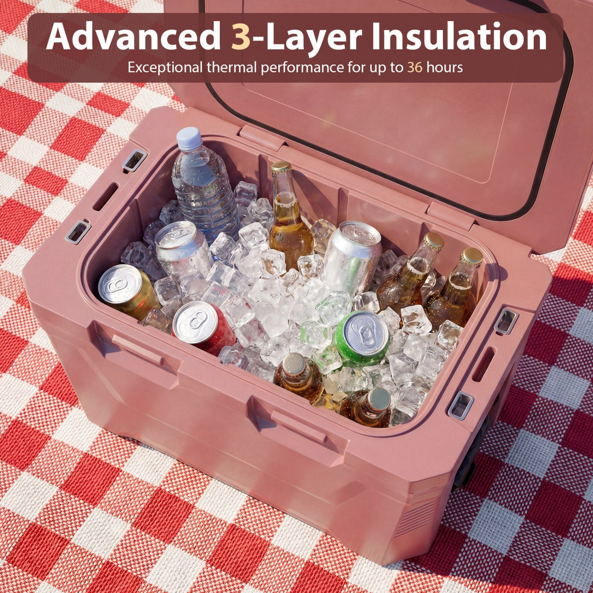 Insulated Portable Cooler Hard Shell Ice Chest with 2 Cup Holders Bottle Opener and Drain Plug-Pink view 6
