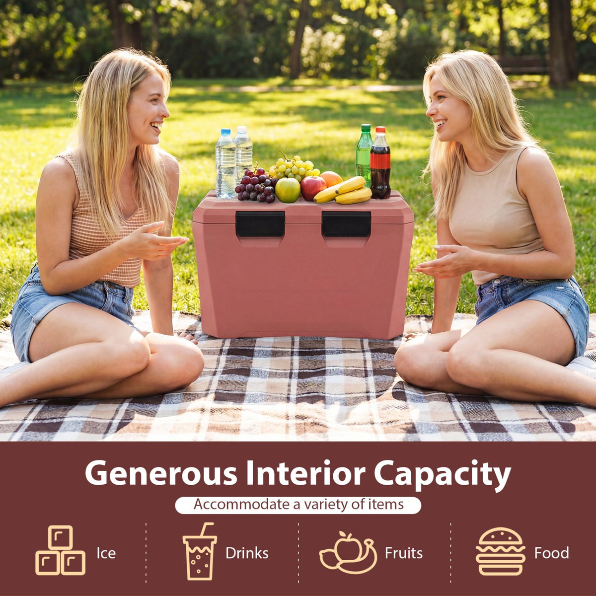 Insulated Portable Cooler Hard Shell Ice Chest with 2 Cup Holders Bottle Opener and Drain Plug-Pink view 7