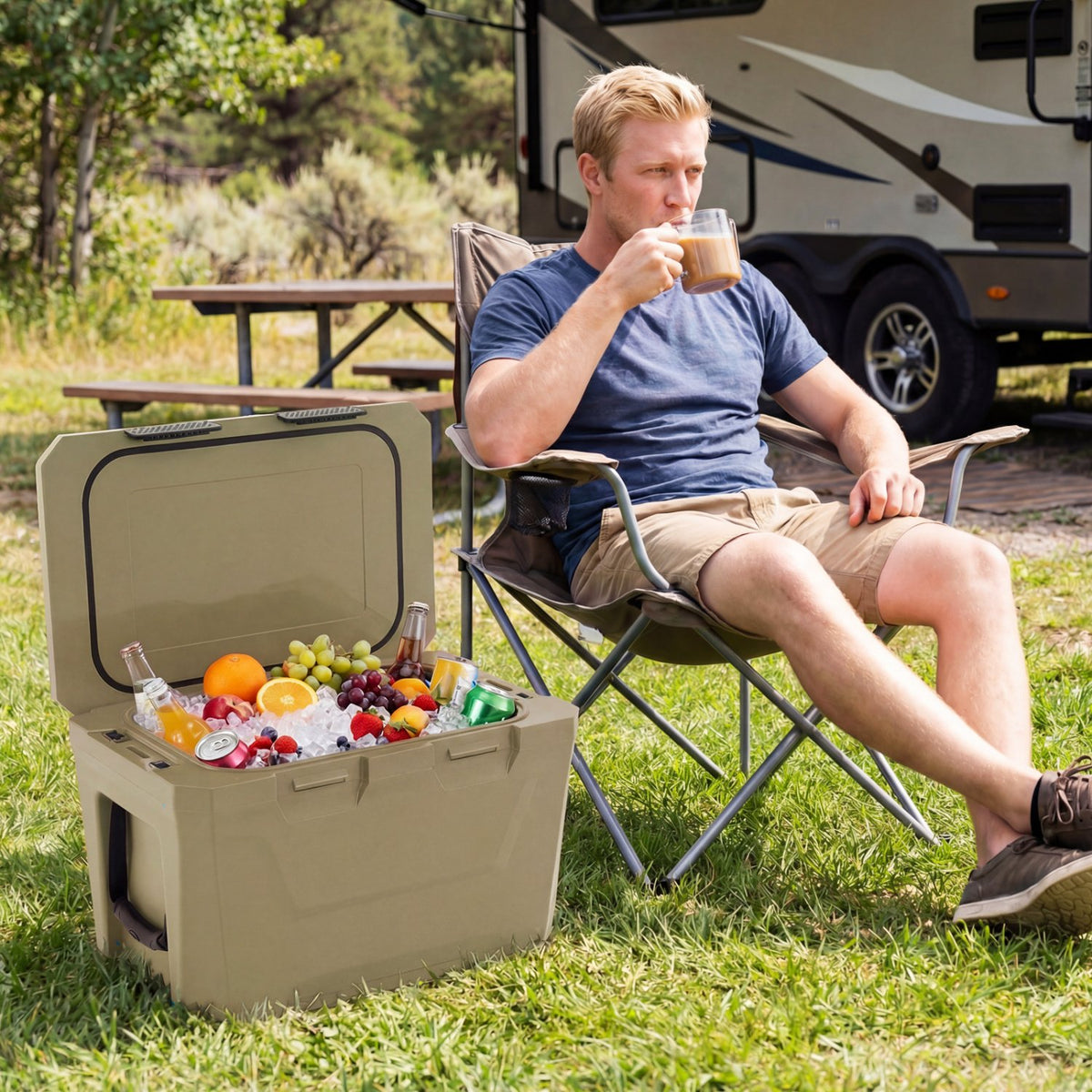 Insulated Portable Cooler Hard Shell Ice Chest with 2 Cup Holders Bottle Opener and Drain Plug-Sand Color view 3
