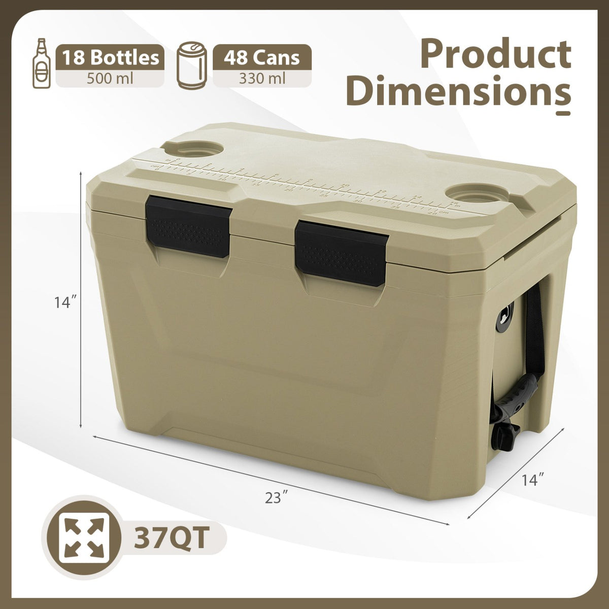Insulated Portable Cooler Hard Shell Ice Chest with 2 Cup Holders Bottle Opener and Drain Plug-Sand Color view 5