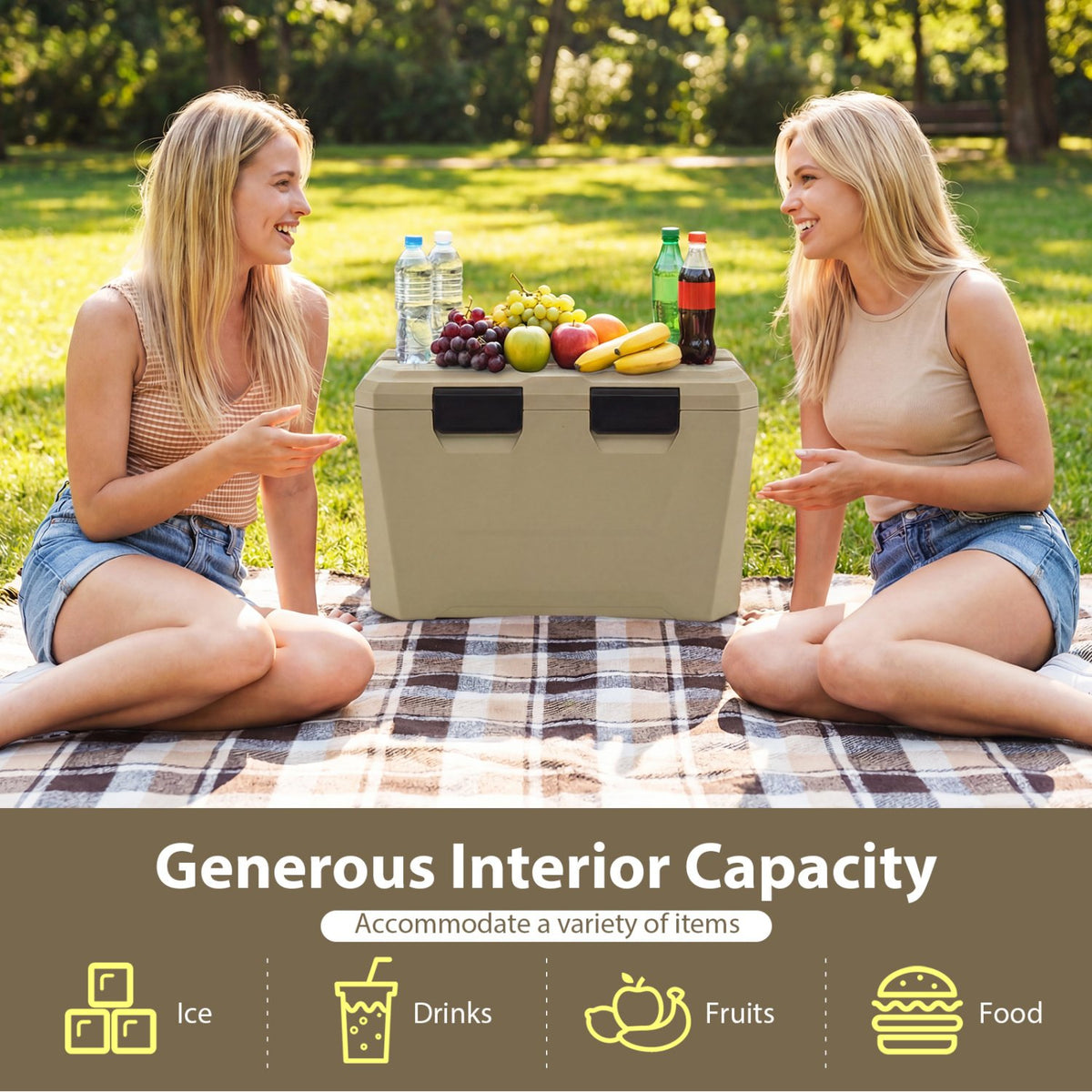 Insulated Portable Cooler Hard Shell Ice Chest with 2 Cup Holders Bottle Opener and Drain Plug-Sand Color view 7