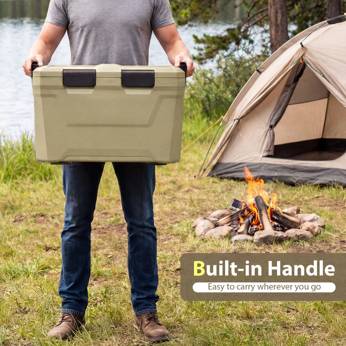 Insulated Portable Cooler Hard Shell Ice Chest with 2 Cup Holders Bottle Opener and Drain Plug-Sand Color view 8