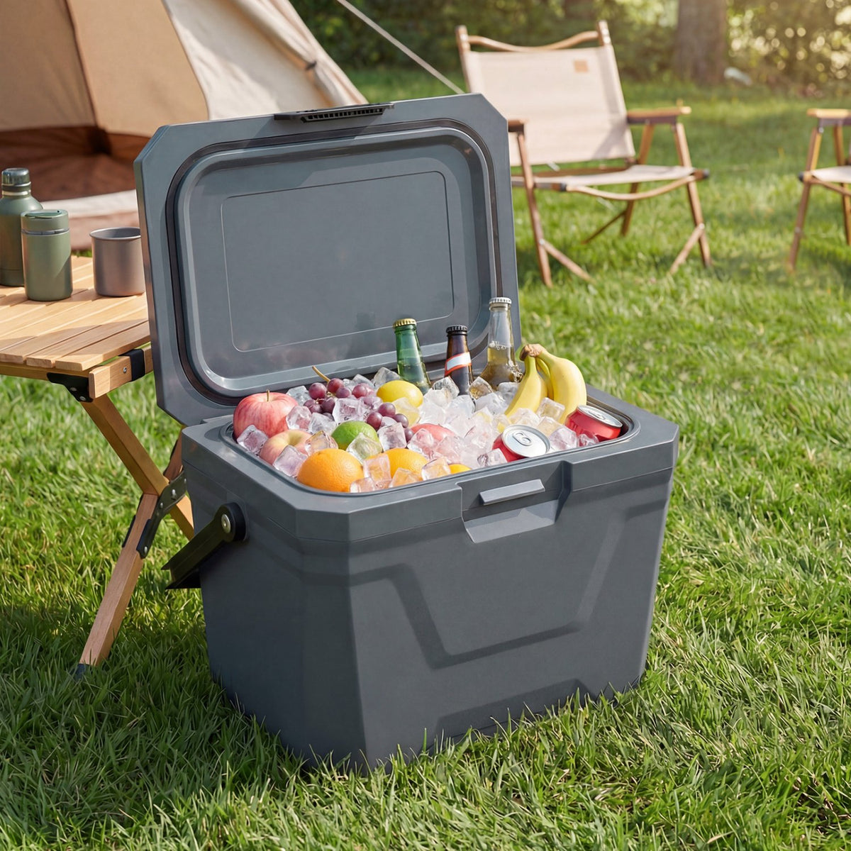 Insulated Portable Cooler Hard Shell Ice Chest with 2 Cup Holders-Gray view 2