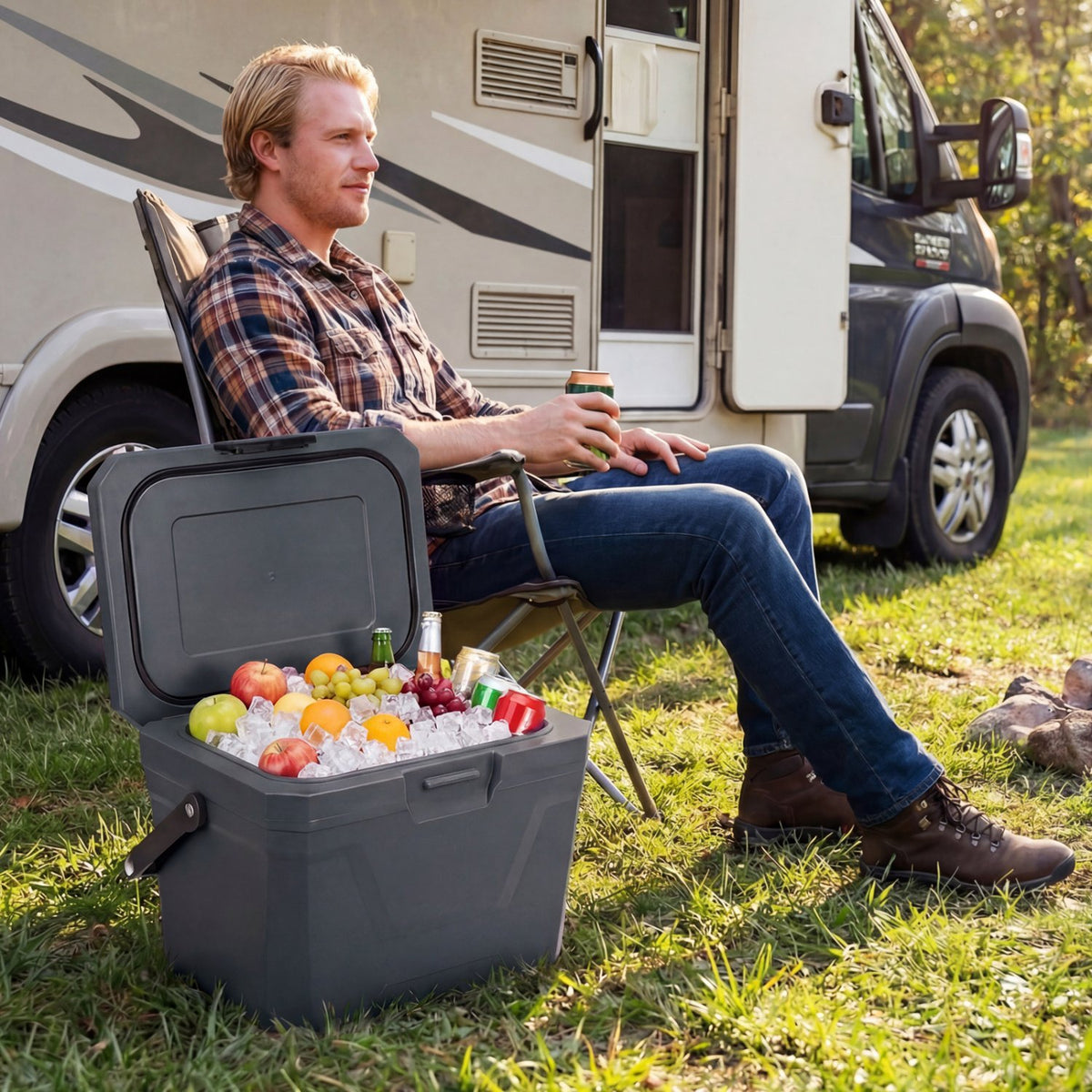 Insulated Portable Cooler Hard Shell Ice Chest with 2 Cup Holders-Gray view 3