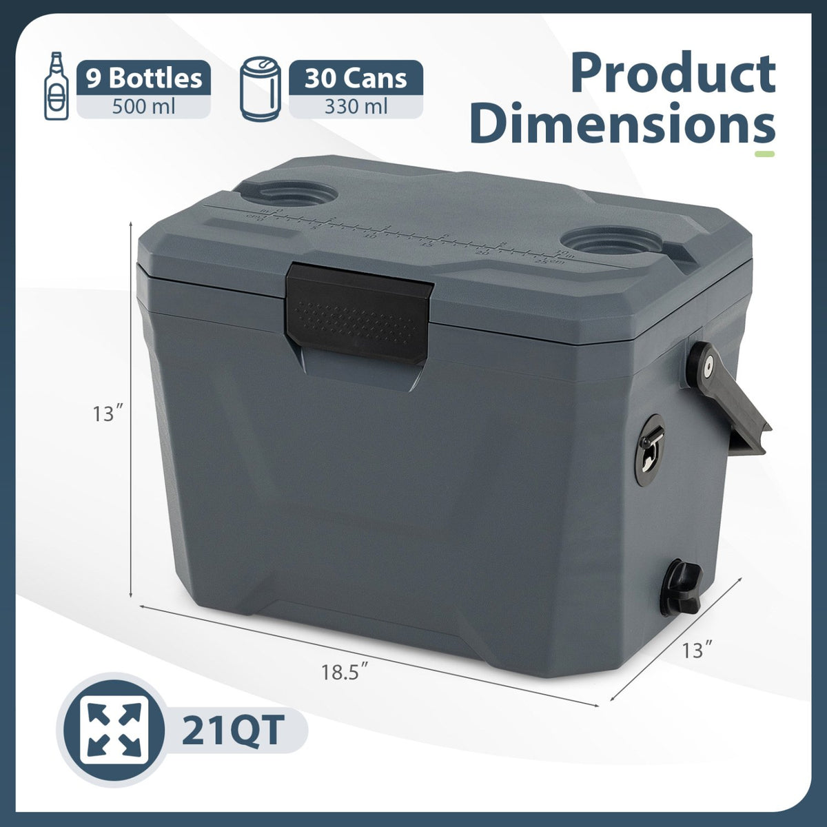 Insulated Portable Cooler Hard Shell Ice Chest with 2 Cup Holders-Gray view 5