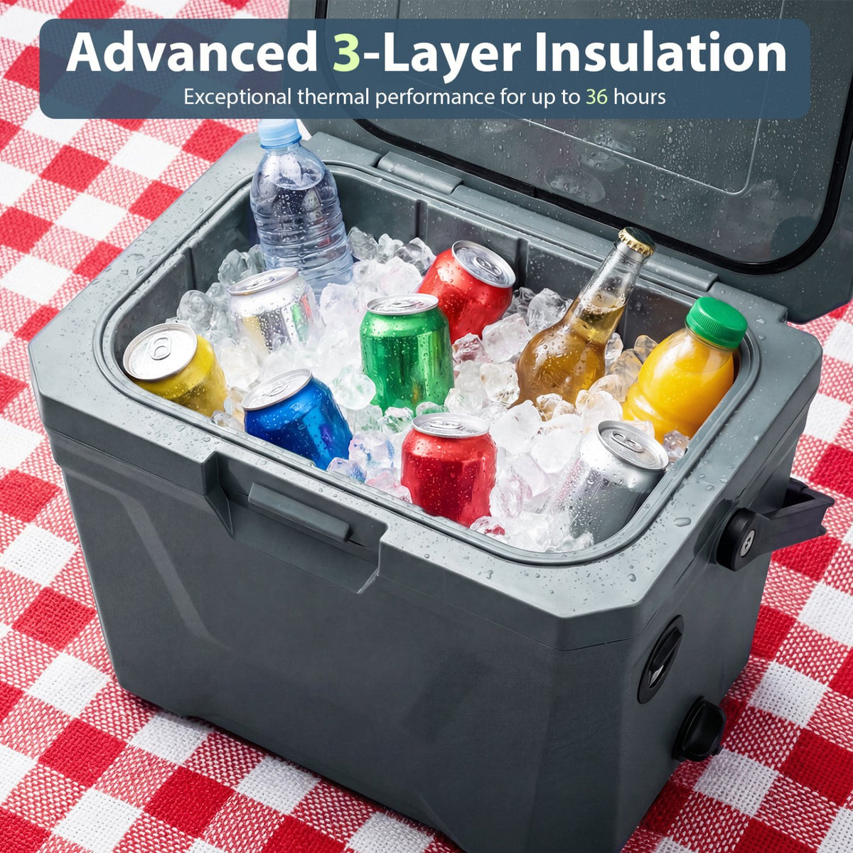Insulated Portable Cooler Hard Shell Ice Chest with 2 Cup Holders-Gray view 6