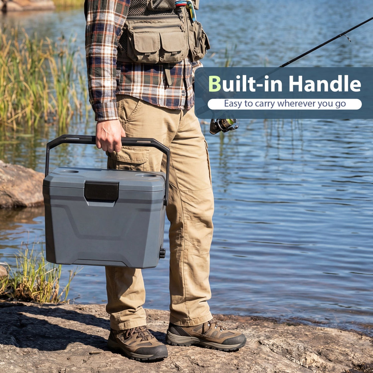 Insulated Portable Cooler Hard Shell Ice Chest with 2 Cup Holders-Gray view 8