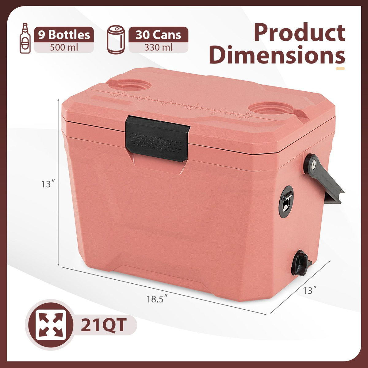 Insulated Portable Cooler Hard Shell Ice Chest with 2 Cup Holders-Pink view 5
