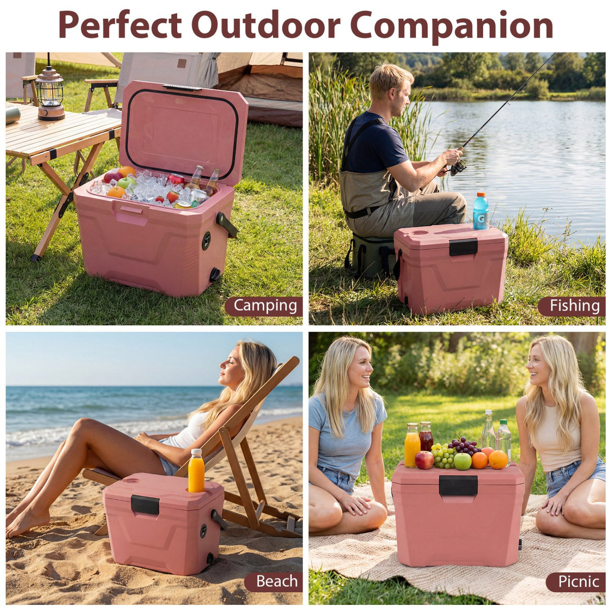 Insulated Portable Cooler Hard Shell Ice Chest with 2 Cup Holders-Pink view 9