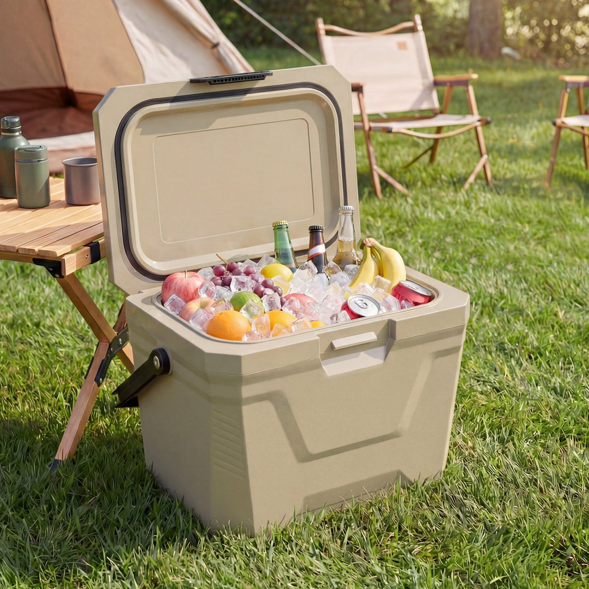Insulated Portable Cooler Hard Shell Ice Chest with 2 Cup Holders-Sand Color view 2