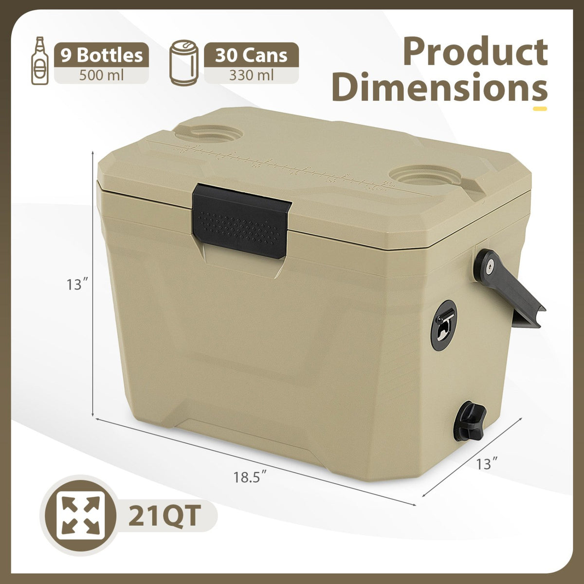 Insulated Portable Cooler Hard Shell Ice Chest with 2 Cup Holders-Sand Color view 4
