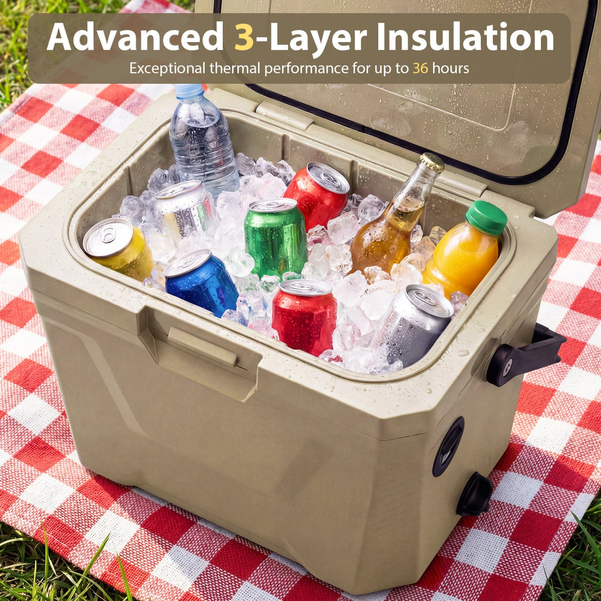 Insulated Portable Cooler Hard Shell Ice Chest with 2 Cup Holders-Sand Color view 5