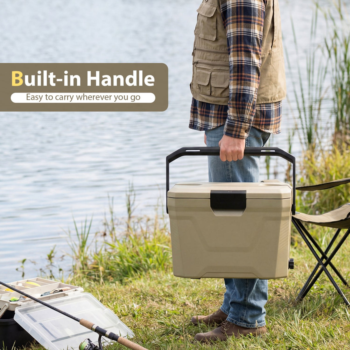 Insulated Portable Cooler Hard Shell Ice Chest with 2 Cup Holders-Sand Color view 7